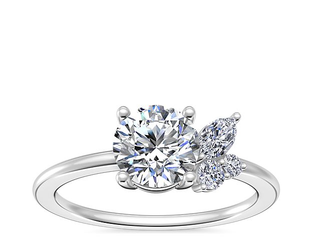 Asymmetrical Marquise and Round Cluster Diamond Engagement Ring in 14k White Gold