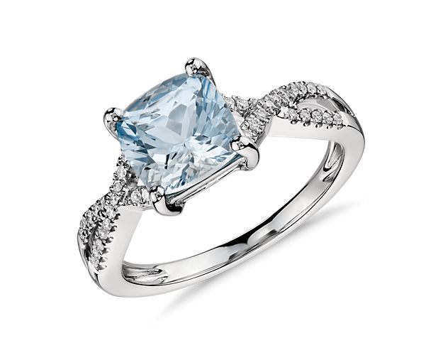 Aquamarine and Diamond Infinity Twist Ring in 14k White Gold (7x7mm)