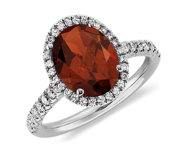 Garnet and Diamond Halo Ring in 18k White Gold (10x8mm)