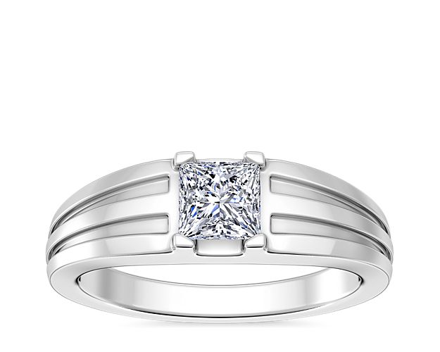Men's Tapered Grooved Solitaire Engagement Ring in 14k White Gold