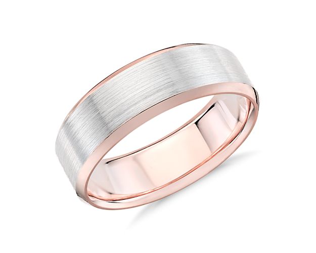 Brushed Beveled Edge Wedding Ring in 14k White and Rose Gold (7mm)
