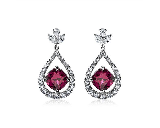 Extraordinary Collection: Cushion Cut Garnet and Diamond Earring in 18k White Gold