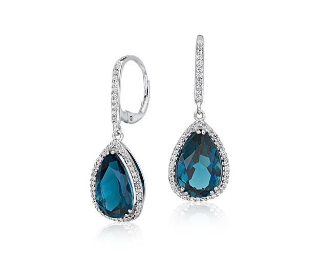 London Blue Topaz Elegant Halo Drop Earrings in Sterling Silver (14x9mm)