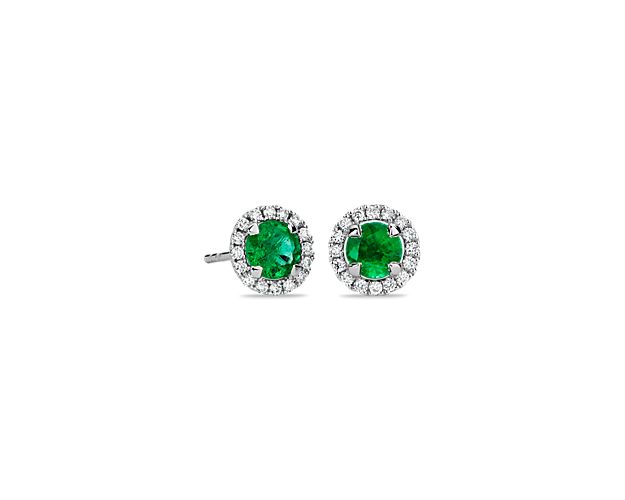 Emerald and Micropavé Diamond Halo Stud Earrings in 18k White Gold (5mm)
