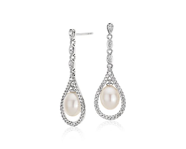 Vintage-Inspired Freshwater Cultured Pearl and White Topaz Drop Earrings in Sterling Silver (6-7mm)