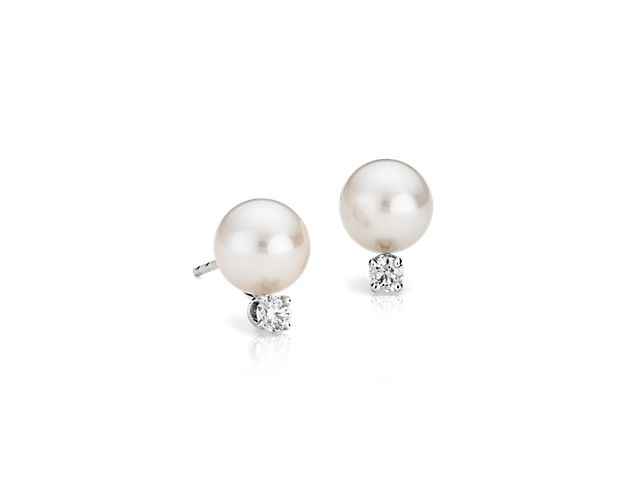 Classic Akoya Cultured Pearl and Diamond Stud Earrings in 18k White Gold (7.0-7.5mm)