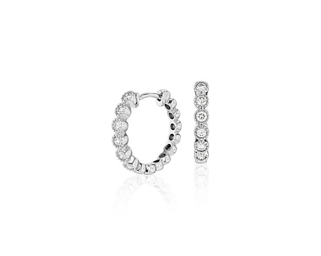 Petite Diamond Milgrain Hoop Earrings in 14k White Gold (1/4 ct. tw.)