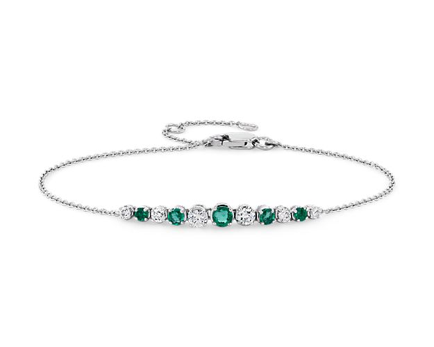 Emerald and Diamond Graduated Curve Bracelet in 14k White Gold