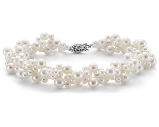 Freshwater Cultured Pearl Woven Bracelet in 14k White Gold (3-5mm)