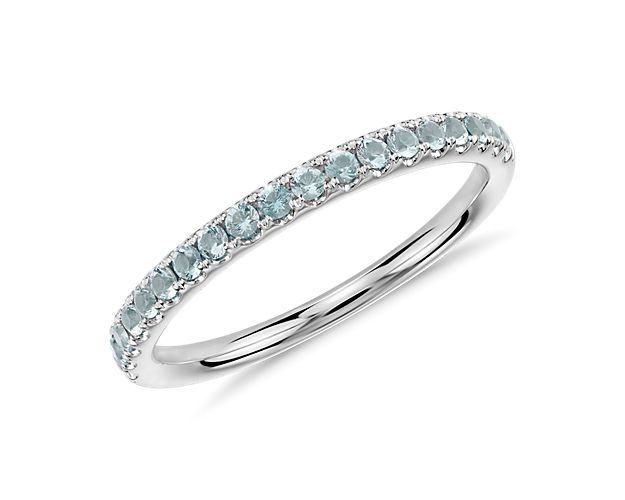 Riviera Pavé Aquamarine Ring in 14k White Gold (1.5mm)