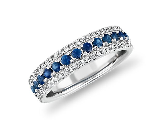 Triple Row Sapphire and Diamond Ring in 14k White Gold (1/3 ct. tw.)