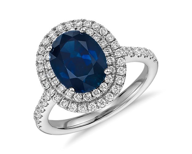 Oval Sapphire and Diamond Double Halo Micropavé Ring in 18k White Gold (9x7mm)