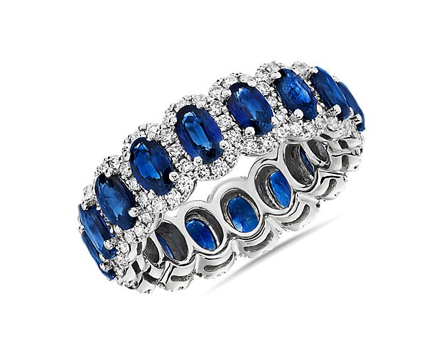 Oval Sapphire Halo Eternity Ring in 14k White Gold (5x3mm)