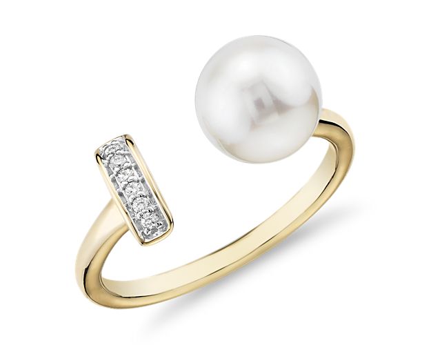 Freshwater Cultured Pearl and Diamond Bar Fashion Ring in 14k Yellow Gold (7.5-8mm)