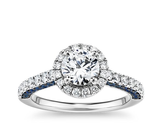 Sapphire Profile and Diamond Halo Engagement Ring in 14k White Gold (1/2 ct. tw.)