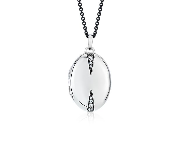 Monica Rich Kosann Locket Pendant with White Sapphire Accents in Sterling Silver with Black Steel Chain (32")