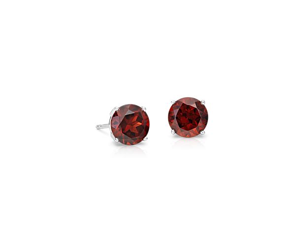 Garnet Stud Earrings in 14k White Gold (7mm)