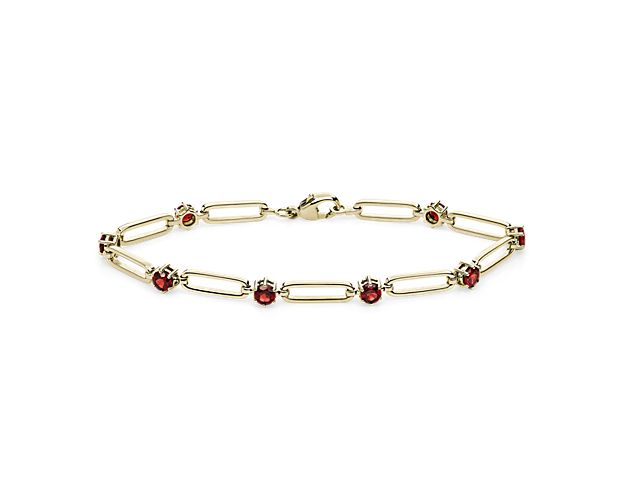 Round Garnet Paperclip Bracelet in 14k Yellow Gold
