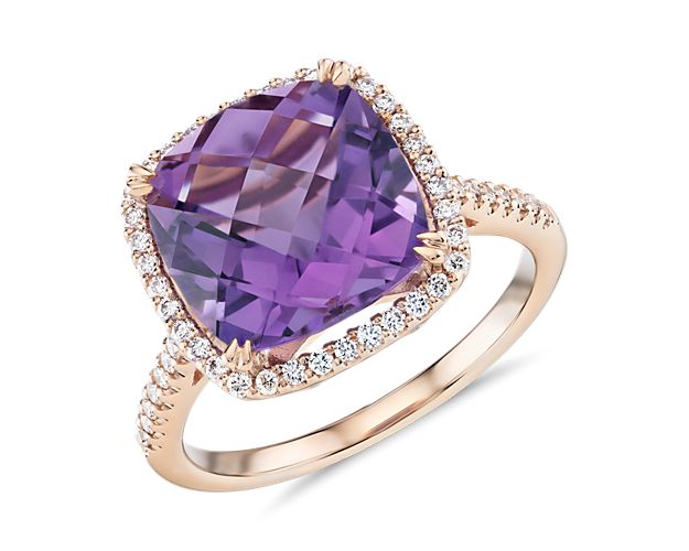 Cushion-Cut Amethyst Diamond Halo Cocktail Ring  in 14k Rose Gold (10.5mm)