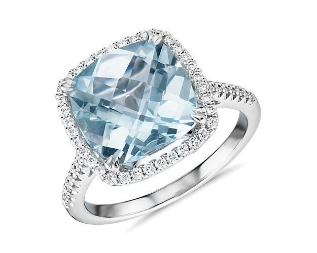 Cushion-Cut Aquamarine Diamond Halo Cocktail Ring in 14k White Gold (10.5mm)