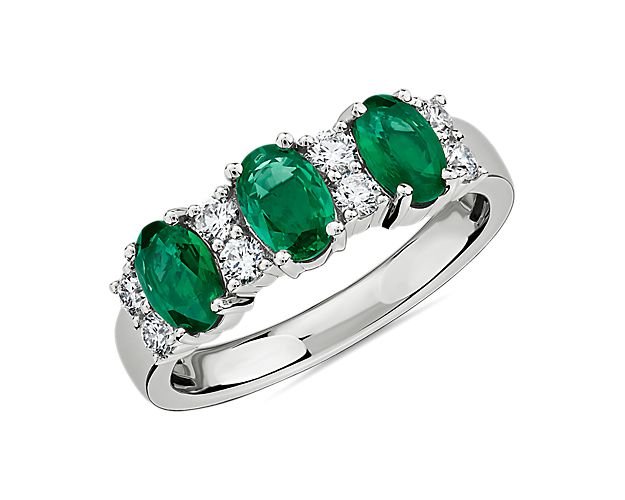 Emerald and Diamond Three-Stone Ring in 14k White Gold