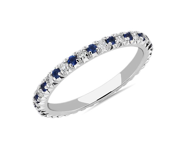 French Pavé Sapphire and Diamond Eternity Ring in 14k White Gold (1.4mm)