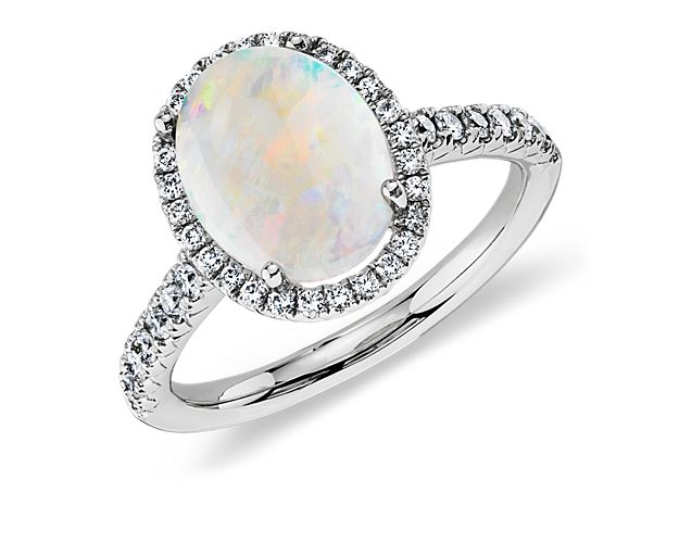 Opal and Diamond Halo Ring in 18k White Gold (10x8mm)