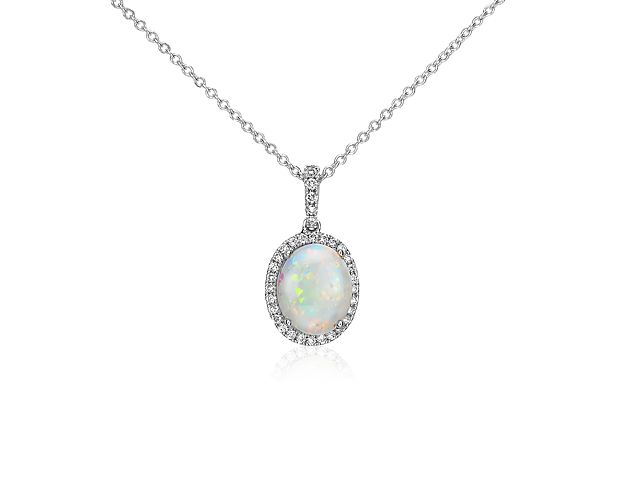 Opal and Diamond Pendant in 14k White Gold (10x8mm)
