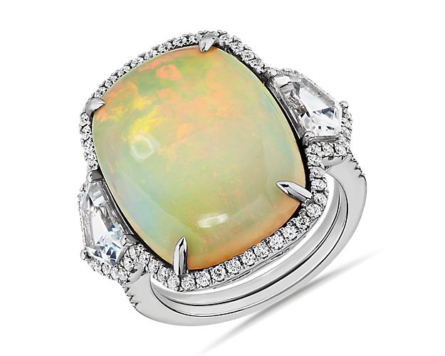 Extraordinary Collection: Cushion Cut Opal with Cadillac Cut White Sapphire Ring in 18k White Gold