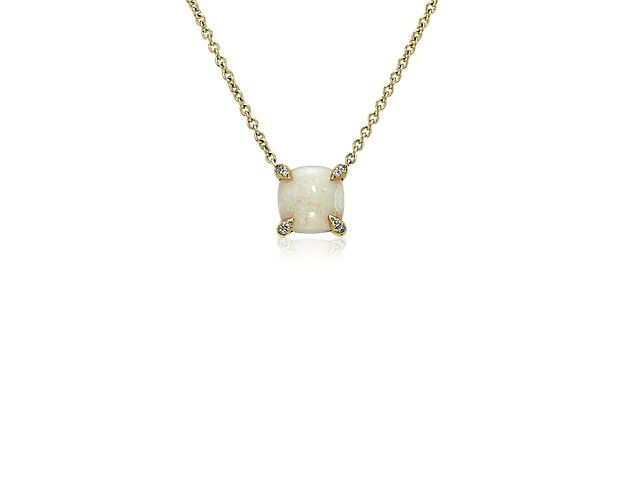 Cushion Cut Opal and Diamond Accent Pendant in 14k Yellow Gold (7mm)