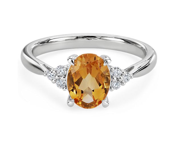 Oval Citrine and Diamond Ring in 14k White Gold (8x6mm)