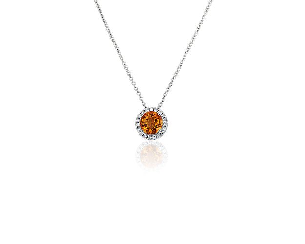 Citrine and Diamond Halo Pendant in 14k White Gold (7mm)