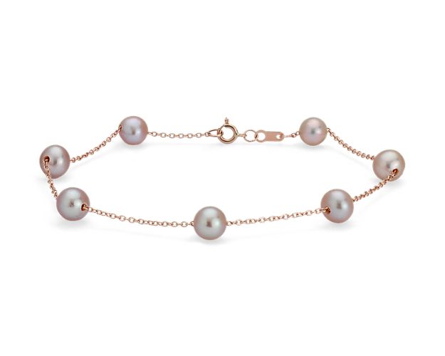 Pink Freshwater Cultured Pearl Tin Cup Stationed Bracelet in 14k Rose Gold (5.5mm)