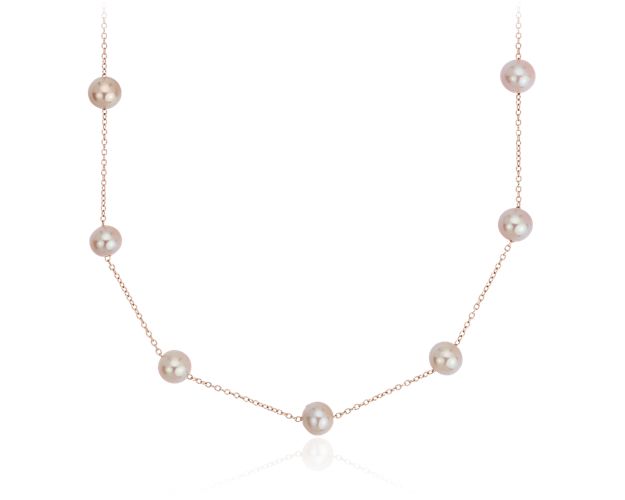 Pink Freshwater Cultured Pearl Tin Cup Stationed Necklace in 14k Rose Gold (5.5mm)