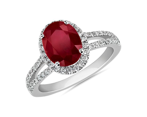 Oval Ruby and Diamond Halo Split Shank Ring in 14k White Gold (9x7mm)