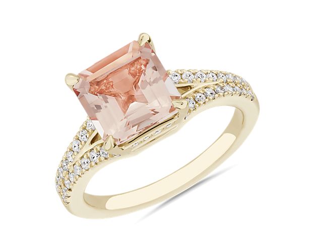 Morganite and Diamond Split Shank Ring in 14k Yellow Gold (8x8mm)
