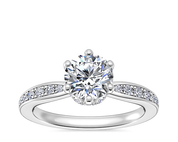 Romantic Six Prong Hidden Halo Diamond Engagement Ring in 14k White Gold (1/5 ct. tw.)