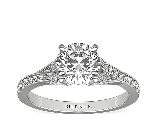 Milgrain and Pavé V-Shank Diamond Engagement Ring in 14k White Gold (1/8 ct. wt.)