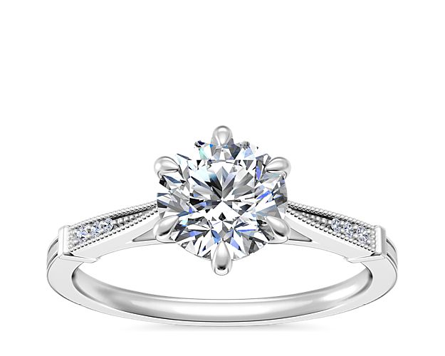 Six-Prong Vintage Milgrain and Diamond Engagement Ring in 14k White Gold