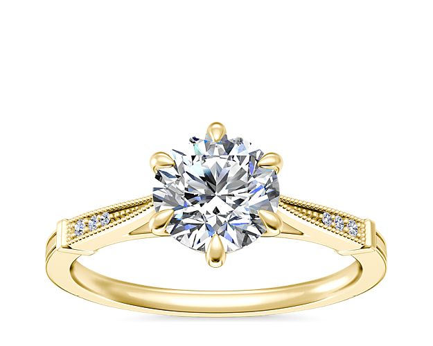 Six-Prong Vintage Milgrain and Diamond Engagement Ring in 14k Yellow Gold
