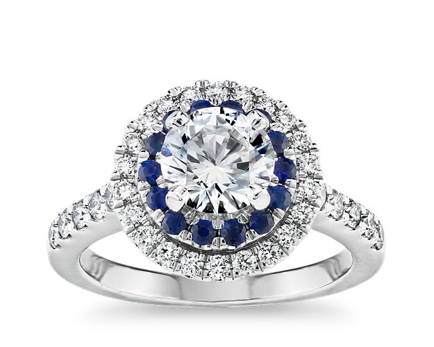 Sapphire and Diamond Double Halo Engagement Ring in 14k White Gold (1/2 ct. tw.)