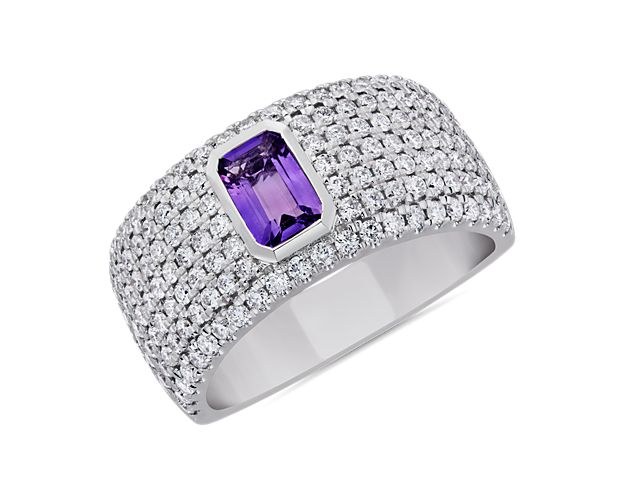 Emerald Cut Bezel Set Amethyst Pavé Ring in 14k White Gold (1 ct. tw.)