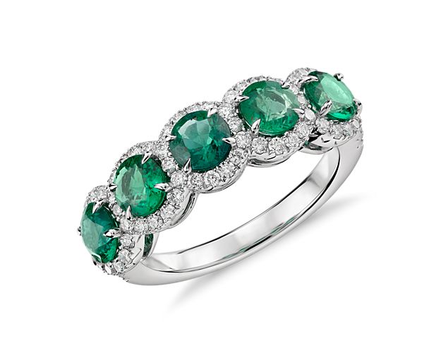 Emerald and Diamond Five-Stone Halo Ring in 18k White Gold (4.5mm)