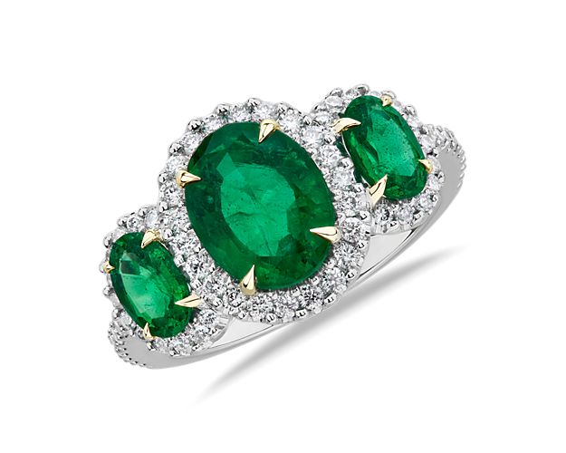 Extraordinary Collection: Emerald and Diamond Three-Stone Ring in 18k White and Yellow Gold
