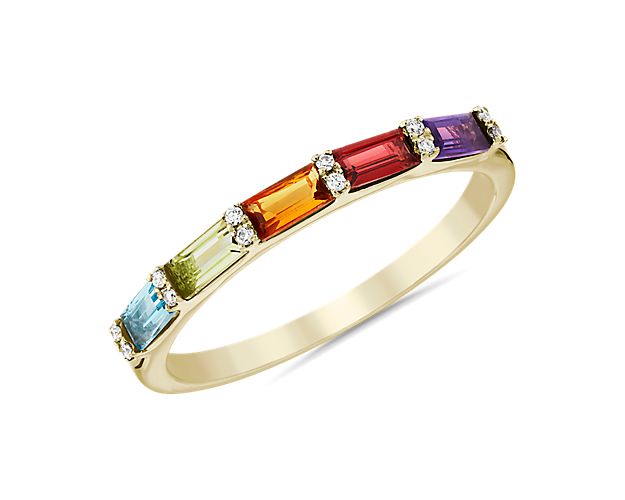 Dark Multi Rainbow Gemstone and Diamond Ring in 14k Yellow Gold