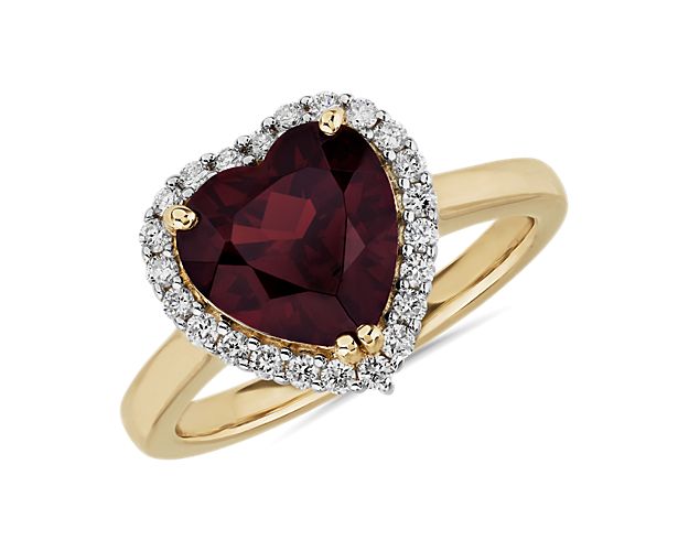 Heart Shaped Garnet and Diamond Halo Ring in 14k Yellow Gold