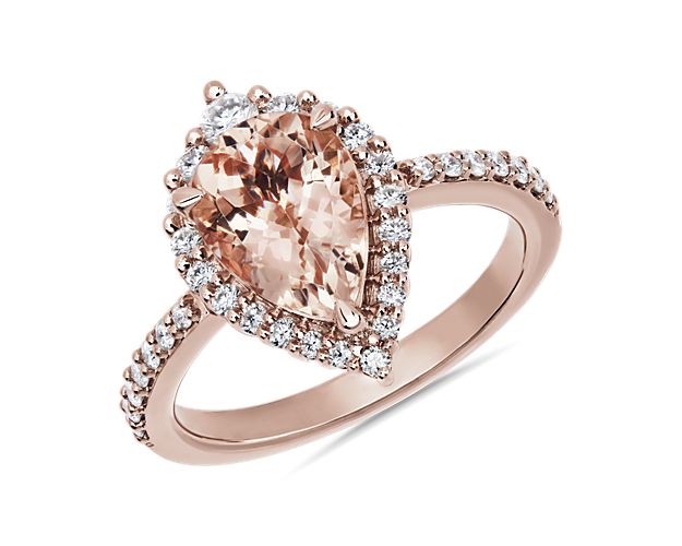 Pear Shaped Morganite with Diamond Halo Ring in 14k Rose Gold