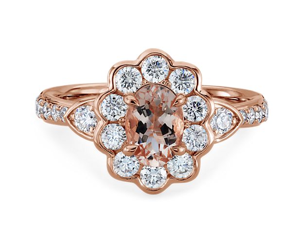 Morganite and Diamond Floral Ring in 14k Rose Gold (7x5mm)