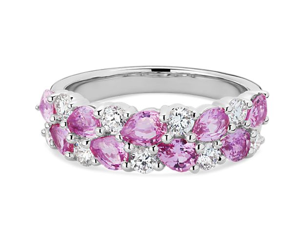 Romantic Double Row Pear Pink Sapphire and Diamond Ring in 14k White Gold