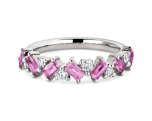 Romantic Emerald Pink Sapphire and Diamond Ring in 14k White Gold